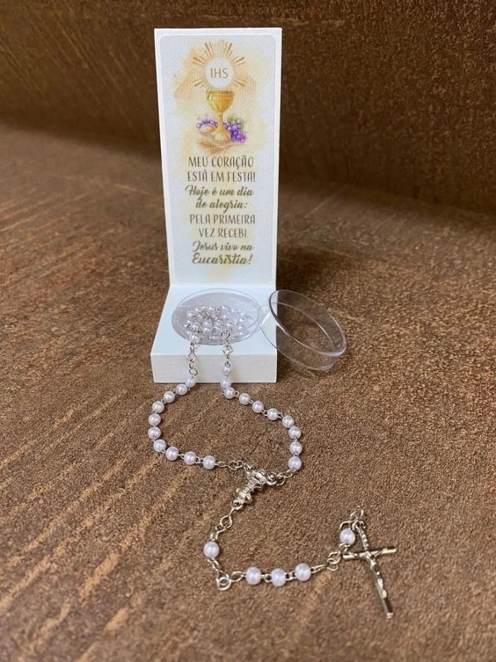 Lembrança Eucaristia - Madeira Branca - com Terço - Imagem 3